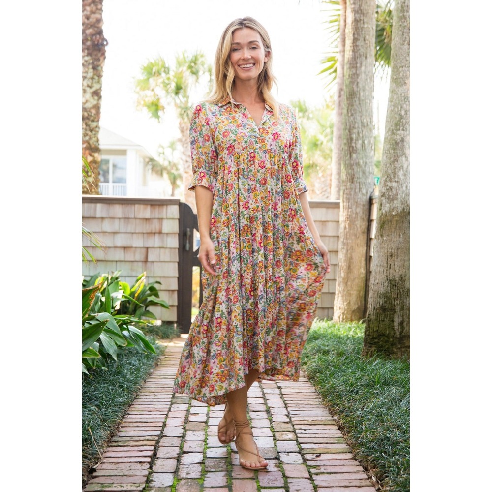 Natural Life Rebecca Floral Tiered Midi/ Maxi Dress XL Colorful Boho Button